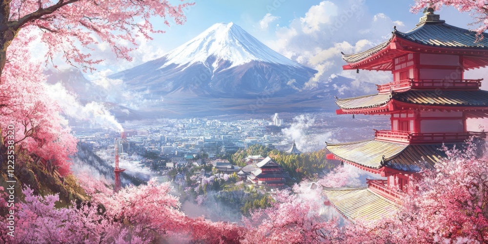 Obraz premium A stunning view of Mount Fuji surrounded by cherry blossoms and a traditional pagoda, capturing the serene beauty of Japan in spring.