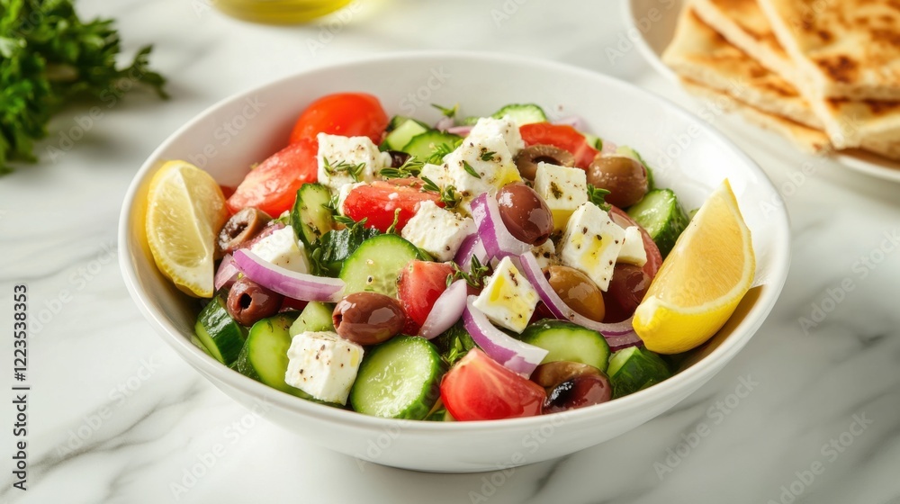 A classic Greek salad with cucumbers, tomatoes, olives A classic Greek salad with cucumbers, tomatoes, olives