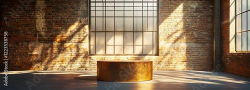 A podium made of polished bronze, standing against a warm, rustic brick wall with sunlight filtering through a large window