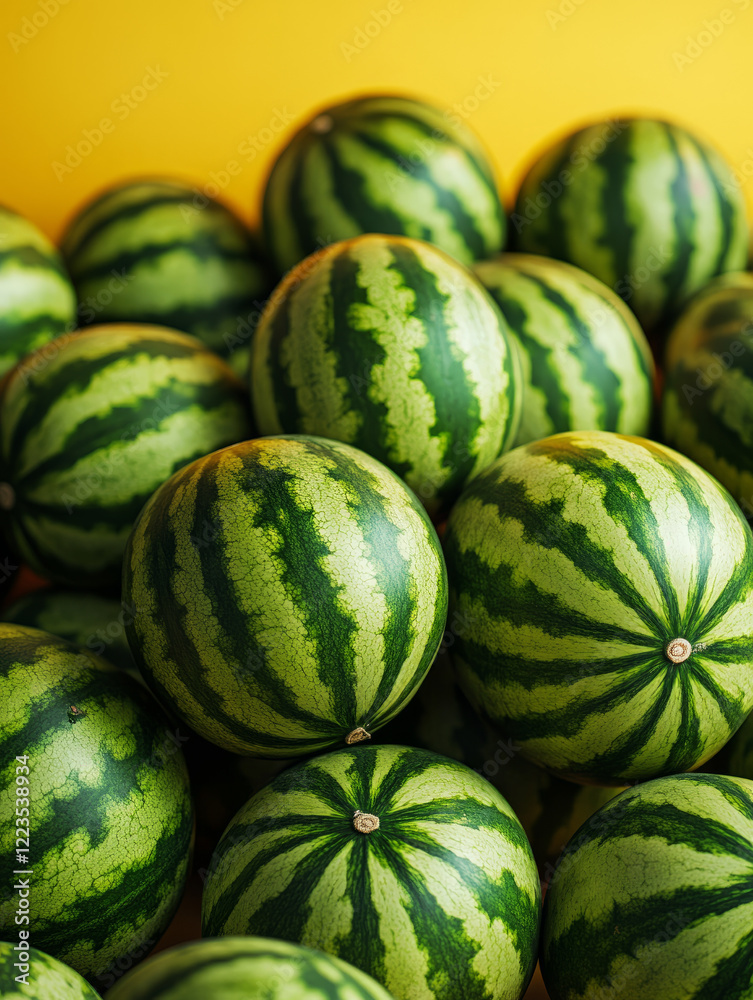 Pile of fresh watermelons on a yellow background Pile of fresh watermelons on a yellow background