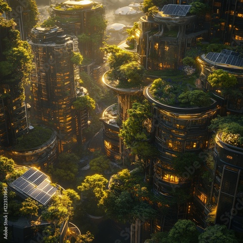 Futuristic cityscape with lush greenery and solar panels photo