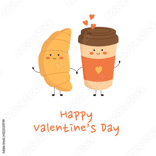 Happy Valentines Day greeting card with pair of cute smiling croissant and coffee cup characters holding hands on white background. Holiday banner for cafe, restaurant. Vector flat illustration
