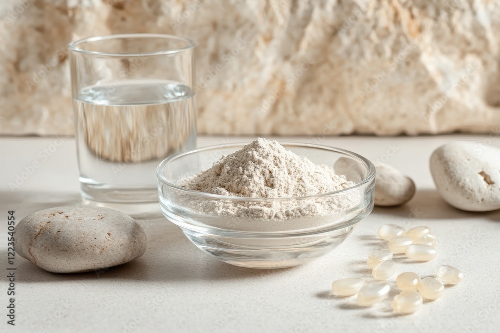 Fototapeta premium A bowl of hydrolyzed marine collagen powder and a glass of water on stones against a light backdrop Promoting a healthy lifestyle Natural supplement