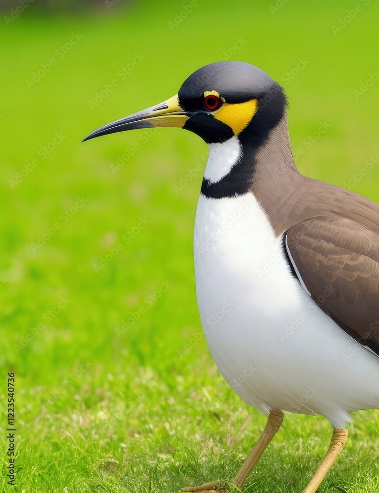 Bird With Striking Features Walking on Green Grass. Generative AI Bird With Striking Features Walking on Green Grass. Generative AI