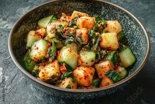 A bowl of spicy homemade Korean cucumber salad oi muchim with seasonings seen from above