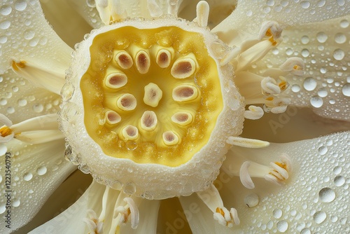 A macro shot of a blooming lotus flower covered in morning dew photo