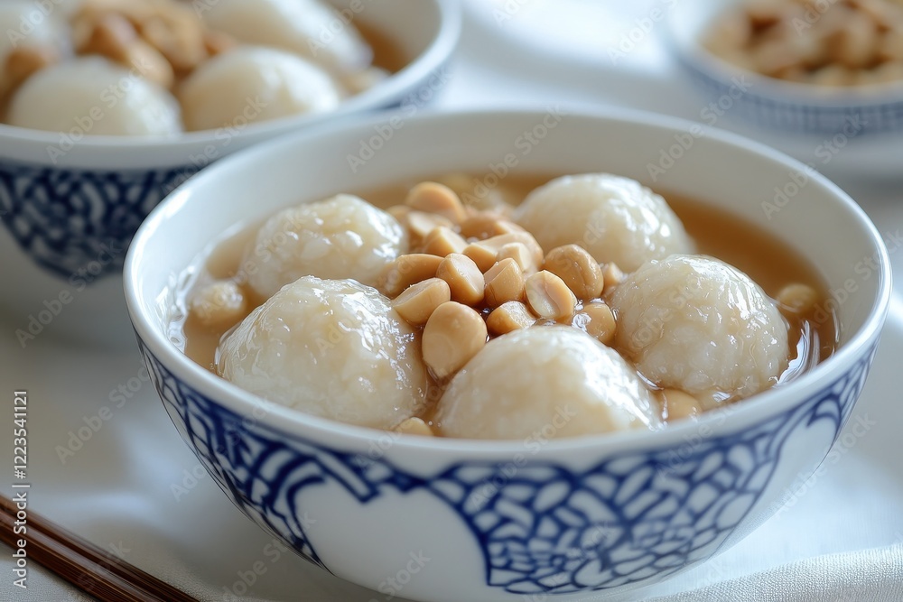 A classic Chinese dessert for the final day of the Lunar New Year known as Yuan Xiao consists of glutinous rice balls filled with peanuts in a sweet peanut soup A classic Chinese dessert for the final day of the Lunar New Year known as Yuan Xiao consists of glutinous rice balls filled with peanuts in a sweet peanut soup