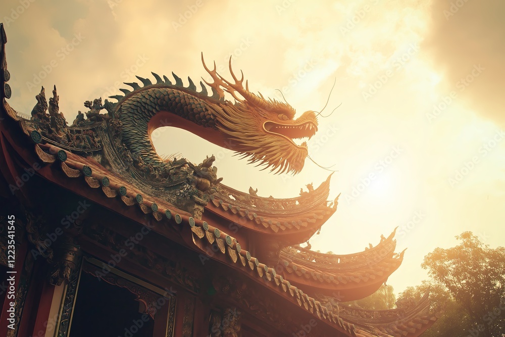 Fototapeta premium A majestic dragon flying over an ancient Asian temple