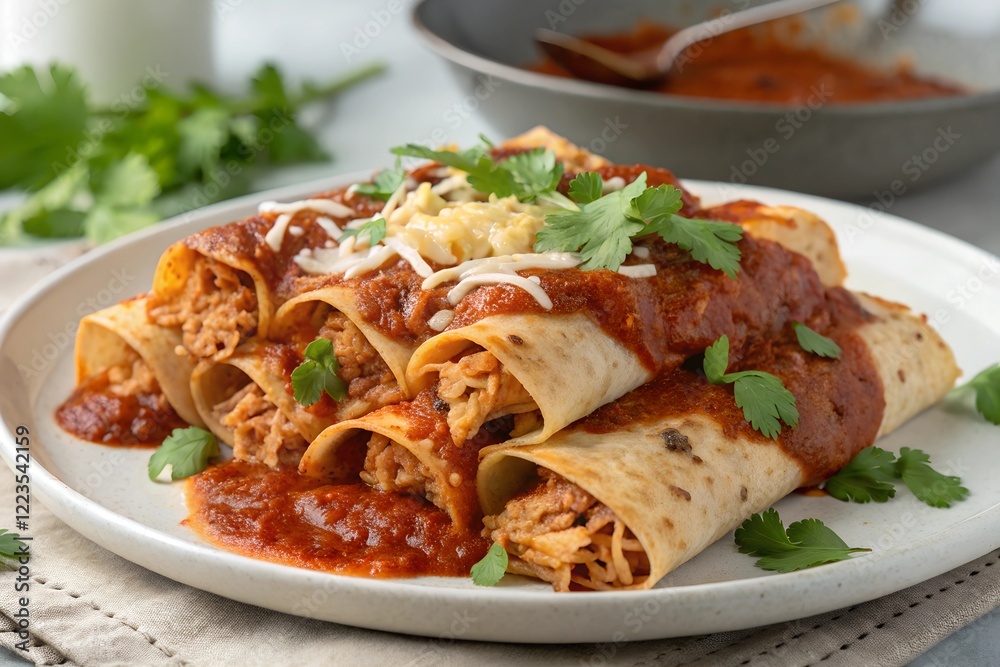 Mexican enchiladas filled with shredded chicken, topped with rich enchilada sauce, melted cheese, and garnished with fresh cilantro Mexican enchiladas filled with shredded chicken, topped with rich enchilada sauce, melted cheese, and garnished with fresh cilantro