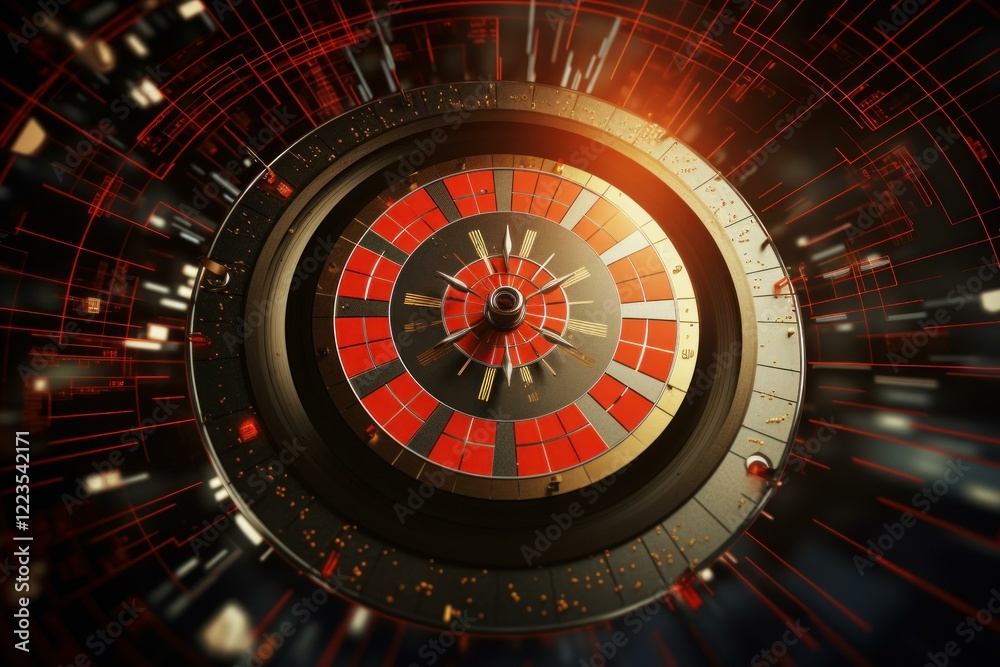 Red and black roulette wheel spinning against a futuristic cyberspace background, representing online gambling and casino games Red and black roulette wheel spinning against a futuristic cyberspace background, representing online gambling and casino games