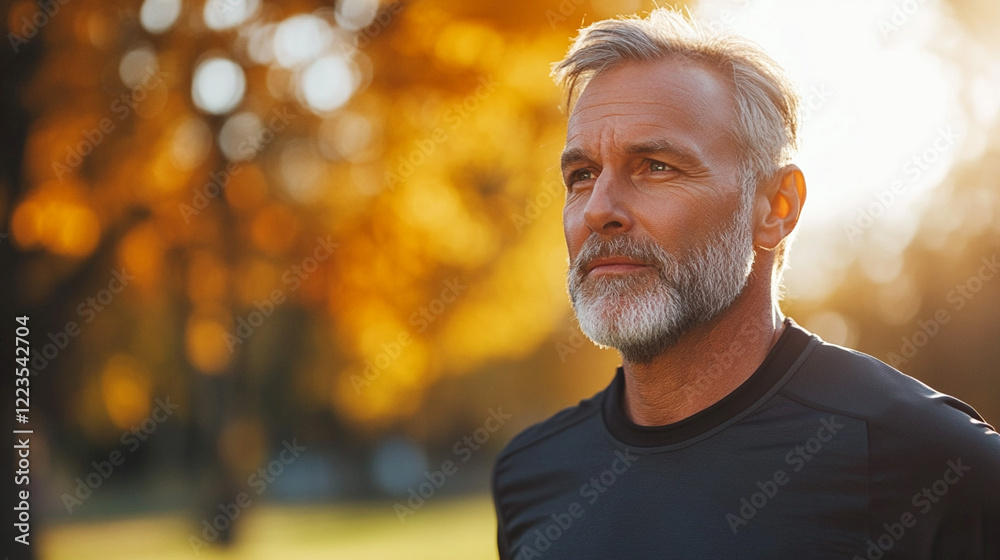 Portrait of a mature man with a gray beard outdoors, standing in a park with golden autumn trees and warm sunlight in the background, wearing a black shirt and looking thoughtful Portrait of a mature man with a gray beard outdoors, standing in a park with golden autumn trees and warm sunlight in the background, wearing a black shirt and looking thoughtful