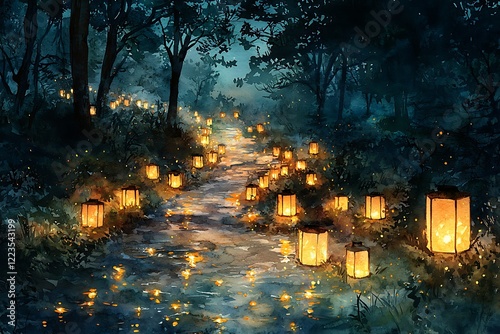 Artistic watercolor a cluster fireflies lighting up a dark forest path, tiny lanterns floating in the night
