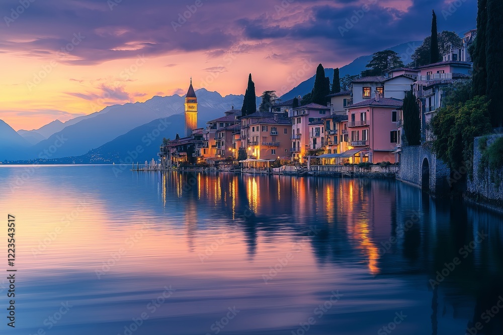 Obraz premium A reflection of a dream-like city in still water at twilight 
