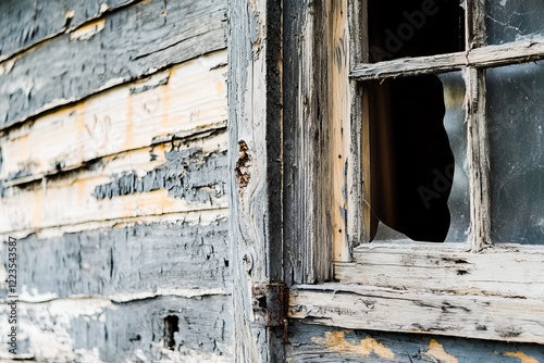 An old, crumbling shack hidden deep in the woods, with claw marks on the door and faint scratches on the windowpane photo