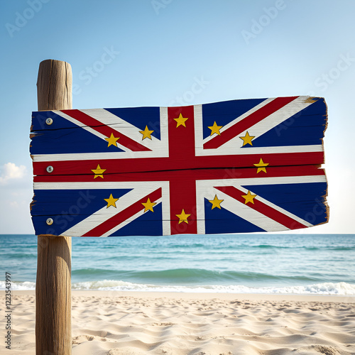 Eurpean Union  Flag wooden sign on beach background photo