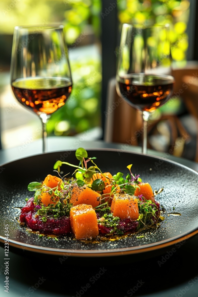 Fine dining experience with fresh ingredients and wine