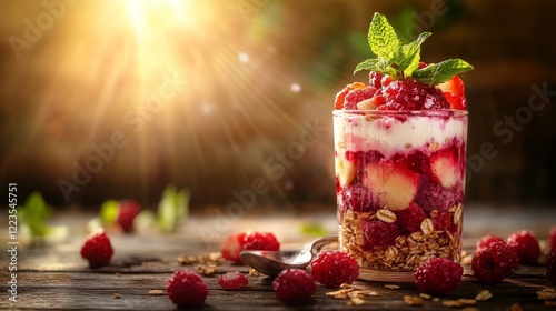 Summer desserts a refreshing tropical fruit parfait layered with yogurt, granola, and mixed berries in a clear glass jar, served with a spoon garnished with a sprig of mint, set on a wooden surface photo