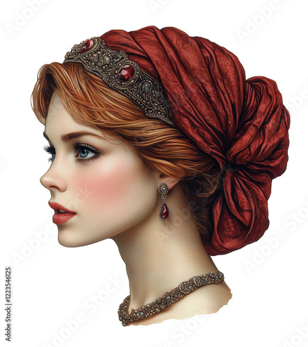 A beautiful red-haired woman with an elegant bun, adorned with gemstone earrings, necklace, and headscarf, in a clipart style, is isolated on a transparent background.
