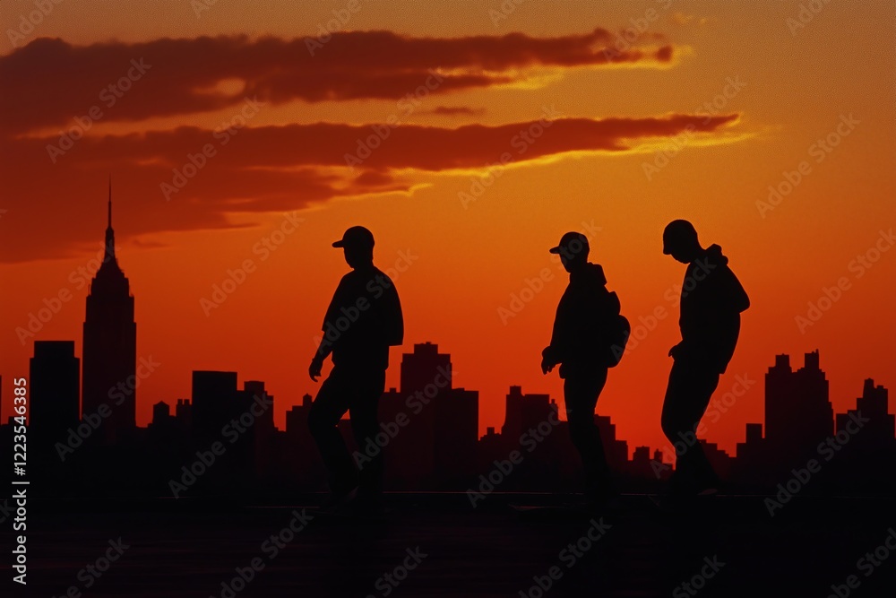 Fototapeta premium A silhouette of skateboarders against a sunset skyline. --ar 3:2 --style raw --v 6.1 Job ID: eb399f50-8a37-4fa2-bb2b-2c5c3ba61f37