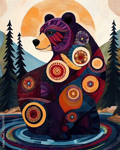 Abstract grizzly bear on the pine forest background. Native American tribal art and Southwest ethnic ornaments concept. Brushstroke illustration for poster, design photo