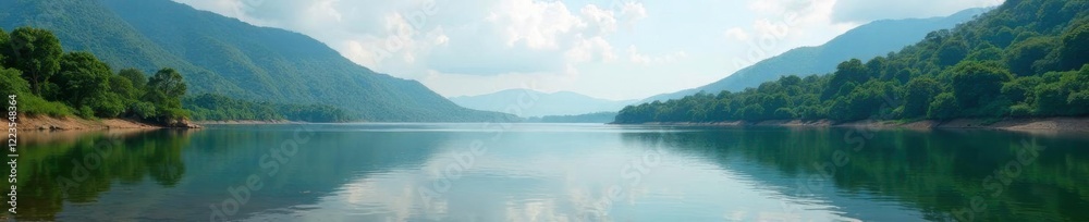 Fototapeta premium Serene waters of Periyar river below Mullaperiyaru Dam, peaceful, riverbank