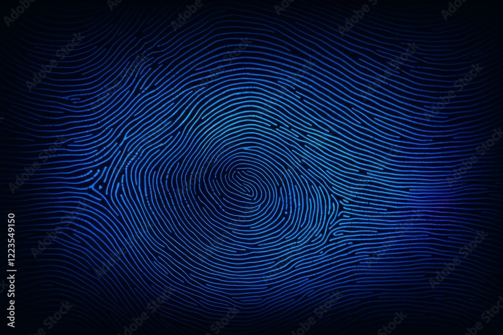 Fingerprint glowing in dark blue light, representing identity, security, biometric authentication, and access control Fingerprint glowing in dark blue light, representing identity, security, biometric authentication, and access control