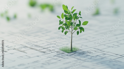 Tree Sapling Icon Positioned on an Agroforestry Project Blueprint, Highlighting Sustainability and the Integration of Agriculture with Forestry