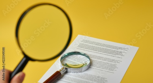 Close-up of magnifying glass over document with fine print