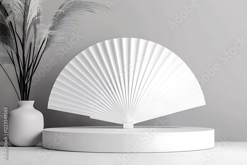 Ultra-modern white podium with a minimalist fan shape, perfect for artful and creative product arrangements. photo