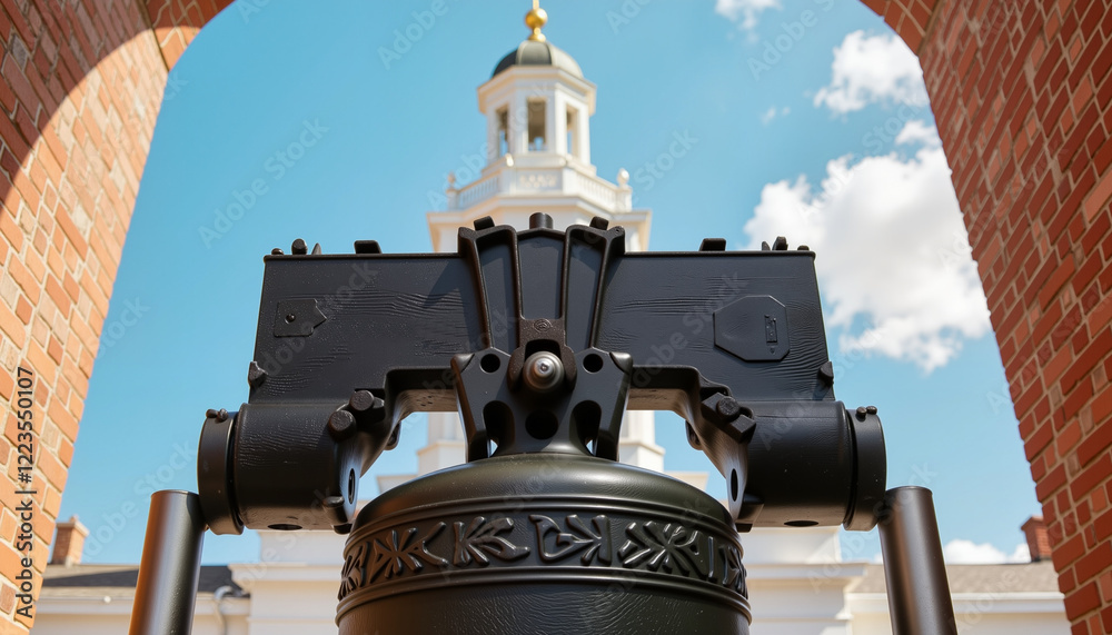 Liberty Bell showcasing architectural details under clear sky, historical significance