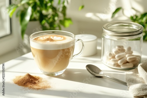 Collagen coffee in a glass with powder in a jar and spoon on a white kitchen table Beauty and health supplement for skin bones joints intestines and anti aging