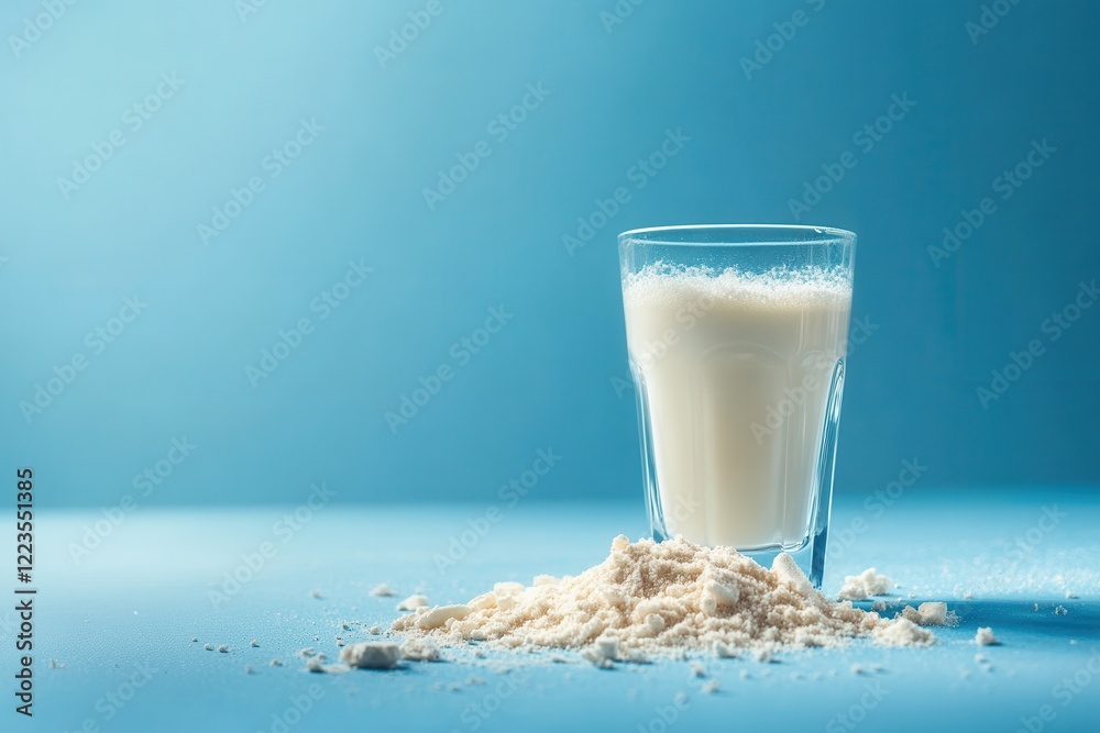 Collagen powder and a glass of water on a blue backdrop Natural supplement for skin bone and joint wellness Additional protein boost Space for your message Collagen powder and a glass of water on a blue backdrop Natural supplement for skin bone and joint wellness Additional protein boost Space for your message