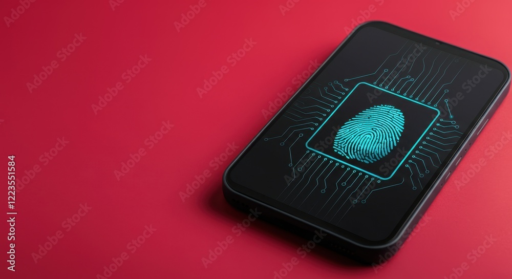 Smartphone with fingerprint security on screen, red background Smartphone with fingerprint security on screen, red background
