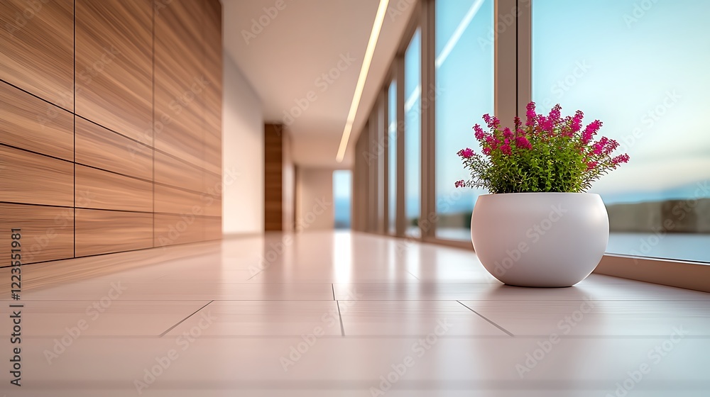 Fototapeta premium Modern hallway, potted plant, sunset view, office interior design