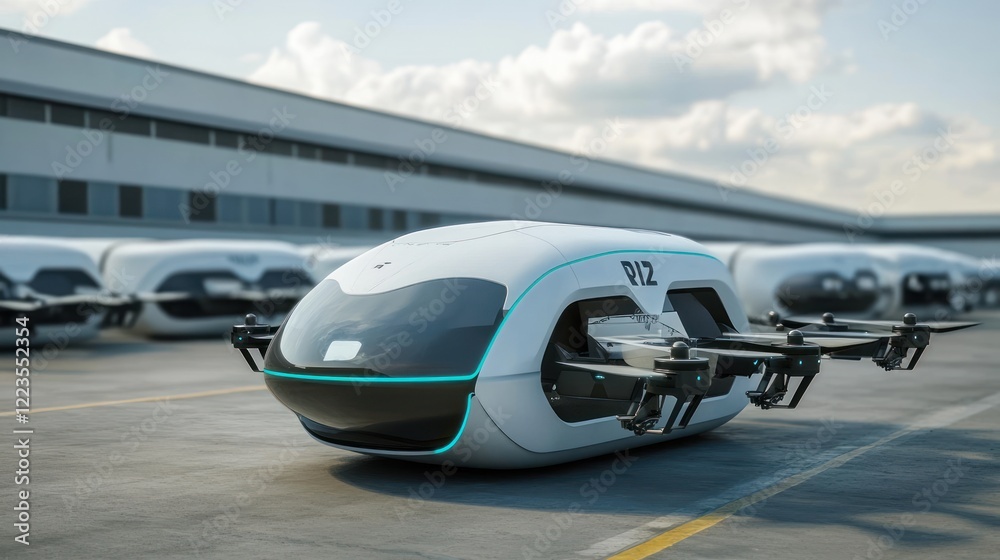 Obraz premium Autonomous Delivery Drone Awaits Dispatch At Warehouse