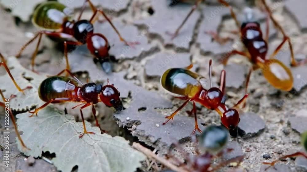 An exclusive HD close-up of ants in action, capturing their intricate movements and teamwork as they navigate their environment with incredible detail and clarity.