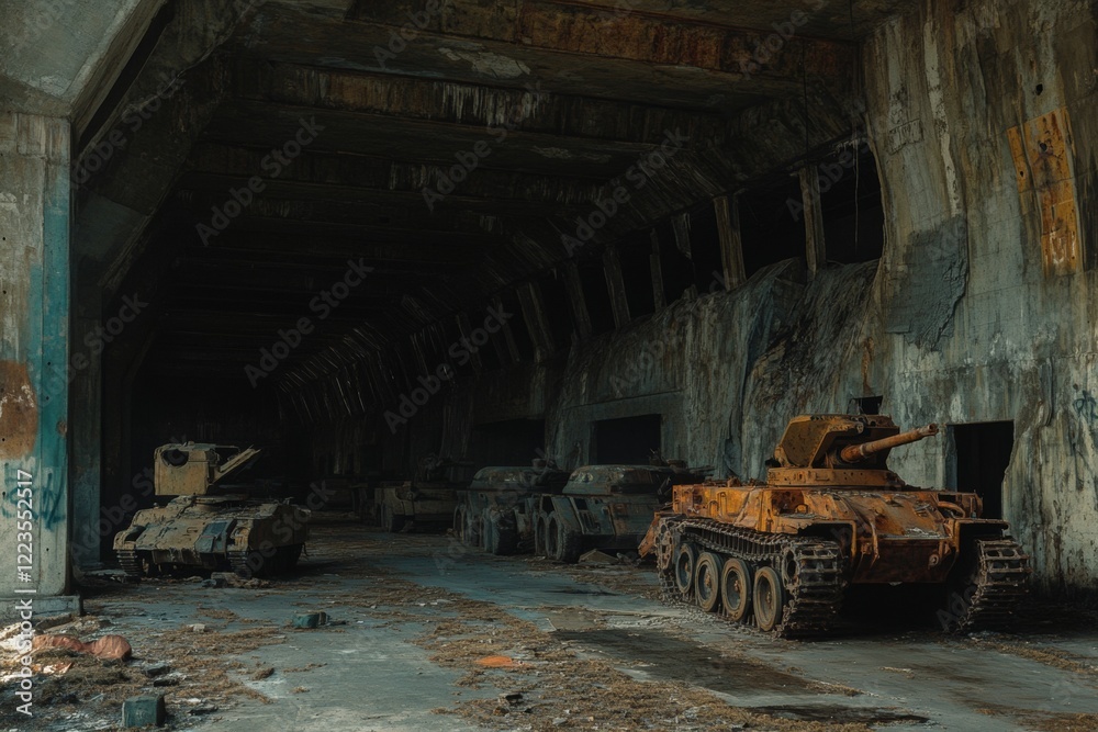 Fototapeta premium Decaying remnants of an abandoned military base are evident, showcasing rusting tanks and empty bunkers. The eerie atmosphere invites exploration of the forsaken site