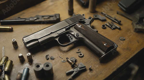 Detailed Photo of Disassembled Handguns and Tools on a Wooden Workbench for Gunsmithing and Maintenance photo