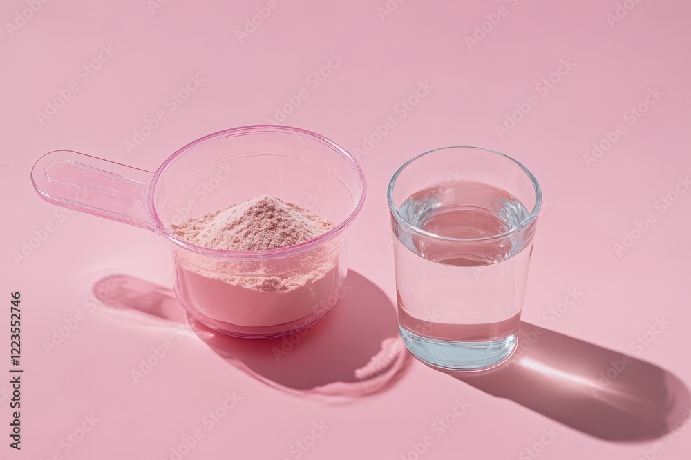 Collagen powder in a plastic cup on a pink surface beside a glass of water