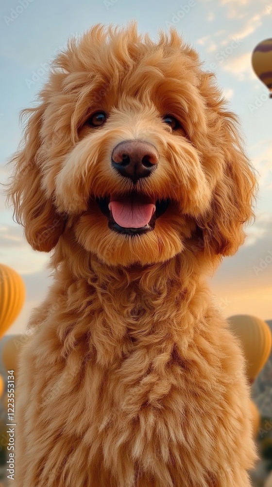 Fototapeta premium Golden Labradoodle in Sunrise Landscape with Hot Air Balloons in Background - Cute Puppy Dog Outdoors Enjoying Beautiful Scenic View - Fluffy Pet Adventure
