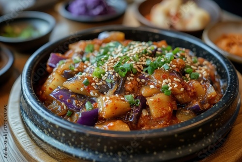 Gaji Namul is an uncomplicated Korean side dish featuring steamed eggplants photo