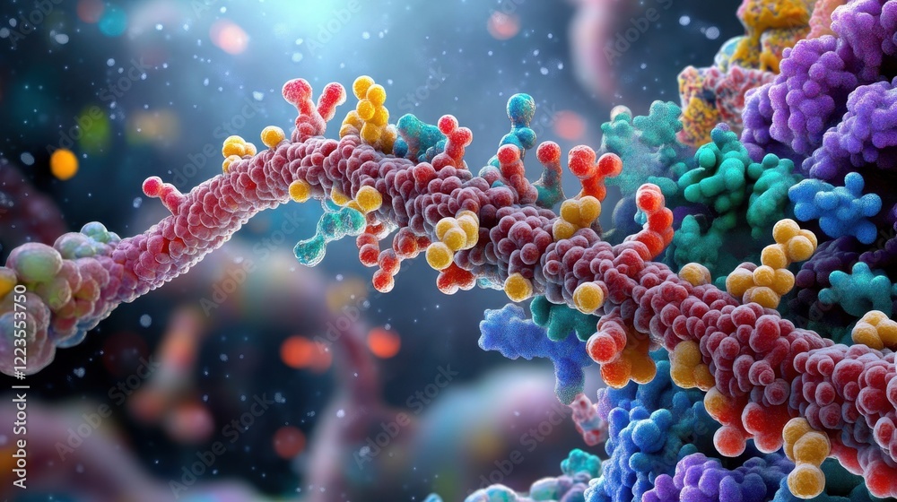 A colorful, intricate depiction of molecular structures, showcasing the beauty of cellular biology and the complexity of life at a microscopic level. A colorful, intricate depiction of molecular structures, showcasing the beauty of cellular biology and the complexity of life at a microscopic level.