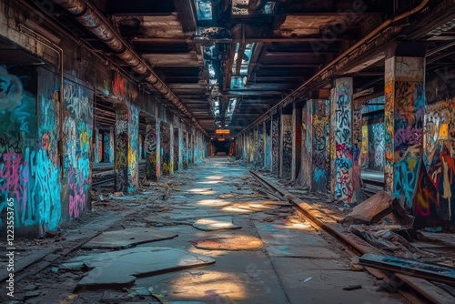 A desolate subway platform showcases vibrant graffiti on crumbling walls while debris litters the ground. Dim light filters through cracks, creating an eerie atmosphere of neglect photo