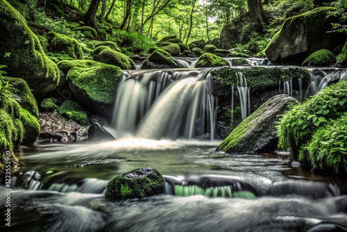 Serene cascading waterfall in lush green forest.