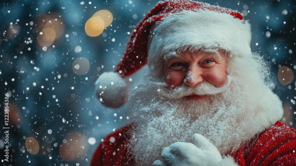 Smiling santa claus in snowy forest with red hat and white beard Smiling santa claus in snowy forest with red hat and white beard