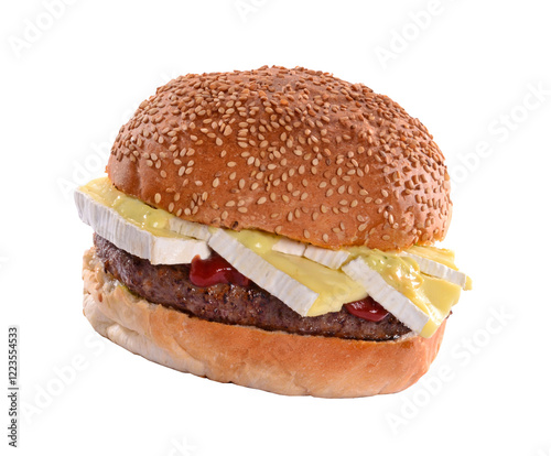 Brie cheese burger isolated on transparent layered background.