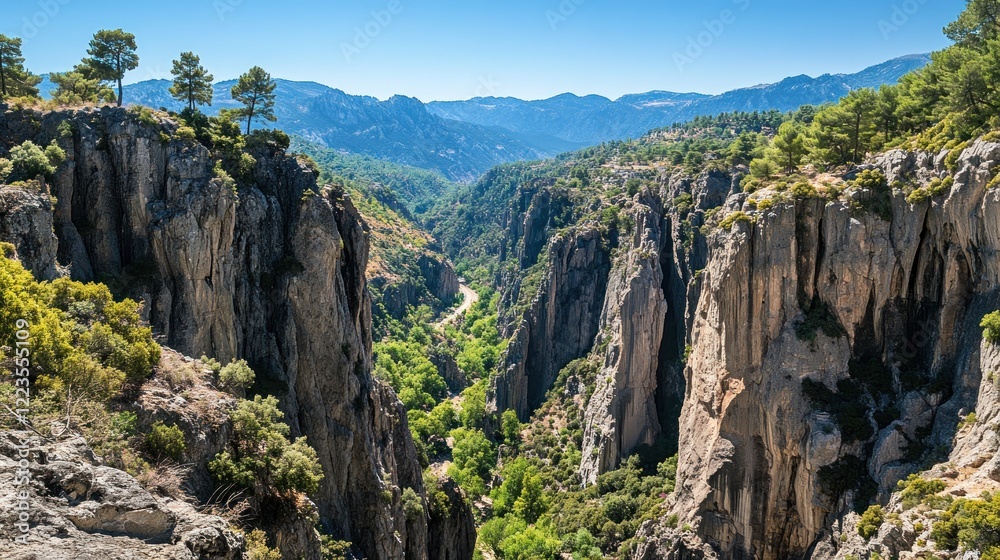 Fototapeta premium Majestic Mountain Gorge With Verdant Valley And Tall Cliffs