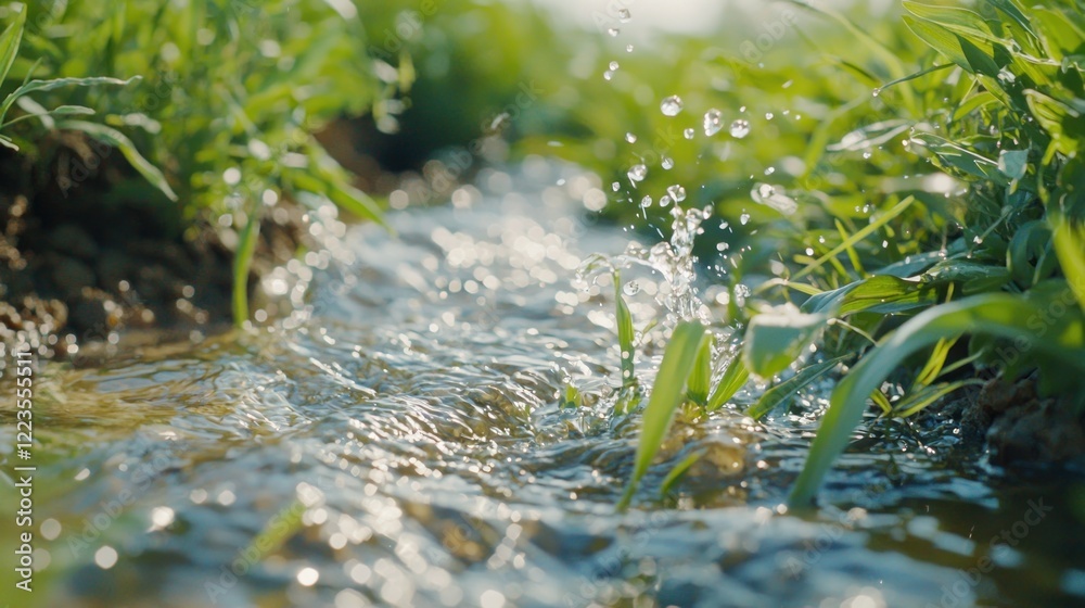 Fototapeta premium Irrigation water splashing, field, sunlight, nature, agriculture