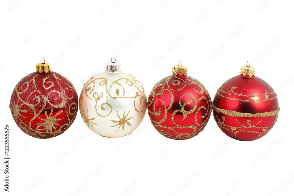 Elegant Christmas ornaments of red and white with intricate designs displayed together to enhance festive spirit during holiday celebrations isolated on transparent background Elegant Christmas ornaments of red and white with intricate designs displayed together to enhance festive spirit during holiday celebrations isolated on transparent background