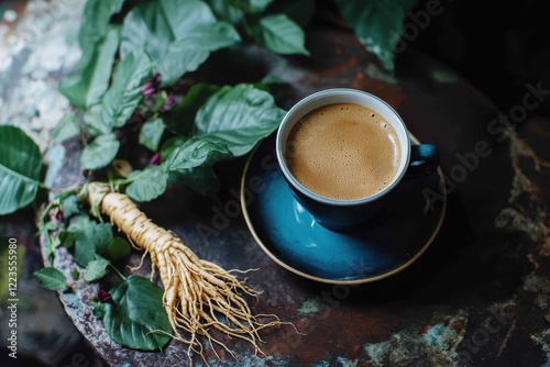 Ginseng coffee combines coffee and ginseng root providing health advantages like enhanced energy and cognitive function photo